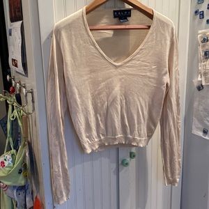 Ralph Lauren.  Cream Silk V Neck. Large. Cropped.